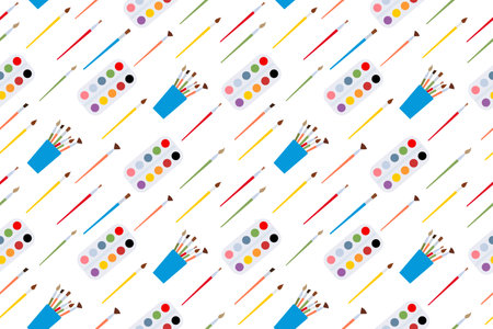 Tools for coloring elements. Background with art supplies. Design creative materials for workshops banner, card. Vector.のイラスト素材