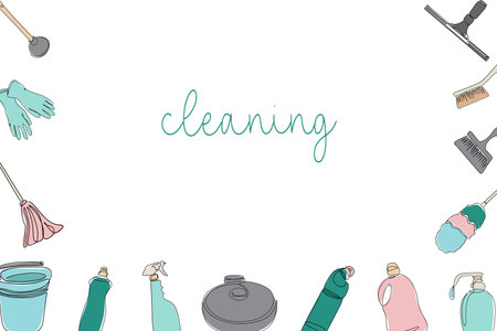Background of cleaning equipment. Vector illustration isolated on a white background. Cleaning tools in one line.のイラスト素材