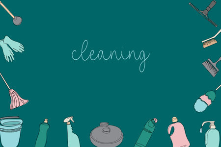Background of cleaning equipment. Vector illustration. Cleaning tools in one line.のイラスト素材
