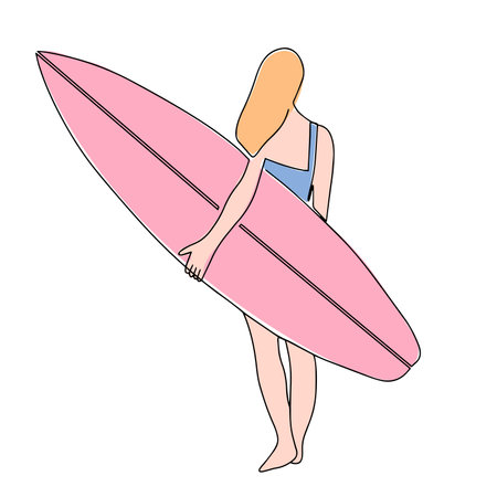 Continuous line drawing of a surfer girl with a surfboard, One line drawing of a surfer girl. Vector illustrationのイラスト素材