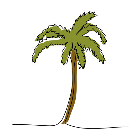 Drawing of a palm tree with one continuous line . The concept of a decorative coconut palm for wall decor, poster printing and travel vacation travel company. Modern vector illustration of one line draw design. Vectorのイラスト素材