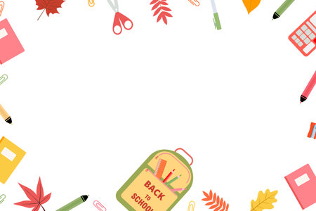 Background with school supplies on the blackboard. Back to school. Vector illustration on white.のイラスト素材