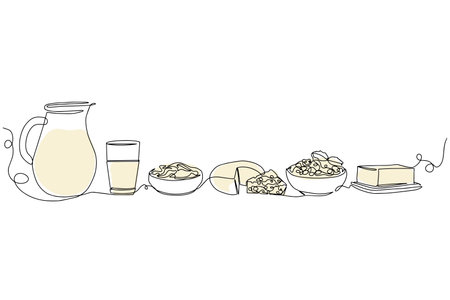Dairy products in continuous line art drawing style. Cheese, milk, butter and sour cream black linear sketch isolated on white background. Vector illustration. Vectorのイラスト素材