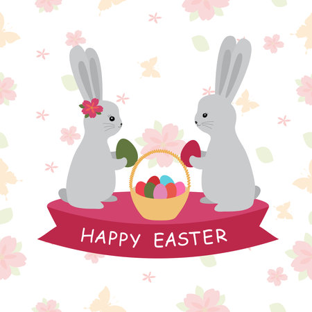 Vector design of happy Easter day. Festive Easter with hares and eggs. Greeting card and invitation card design. Vectorのイラスト素材