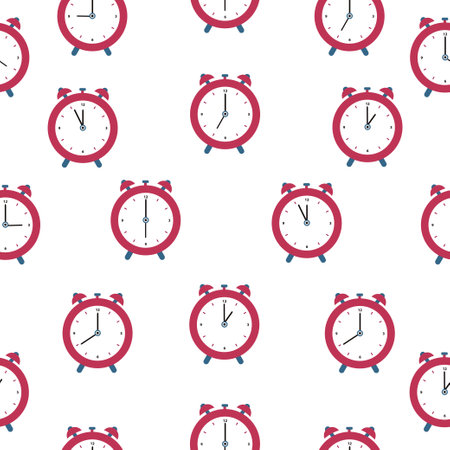 Seamless pattern of red alarm clocks showing different times. Vector illustration in a flat style, isolated on a white background. Vectorのイラスト素材
