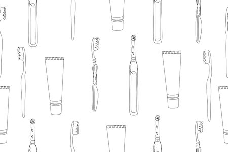 Vector seamless dental pattern with line icons. Vector illustration Toothbrush seamless pattern doodle outline vector. Vectorのイラスト素材