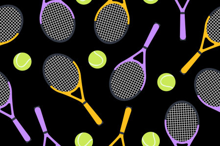 Sports seamless pattern with tennis badges in a flat design style.Cartoon illustration with sports objects: a tennis ball and a tennis racket. Vectorのイラスト素材