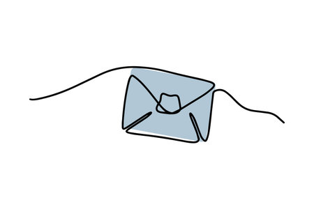 One line paper envelope. Black and white monochrome continuous single line art. Continuous line drawing of envelope. Vectorのイラスト素材
