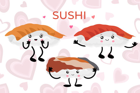 Kawaii Sushi seamless pattern. Vector background of cute sushi, rolls, sashimi with smiling face and pink cheeks in kawaii style. Japanese asian traditional food. Cartoon emoji for textile, web, print. Vector illustrationのイラスト素材
