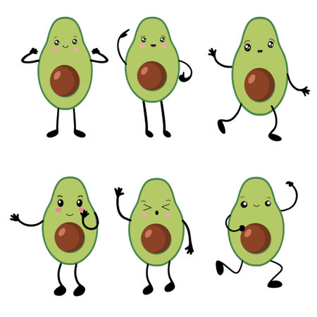 A set of avocados in the style of kawaii. Avocado fruits in a flat design.のイラスト素材