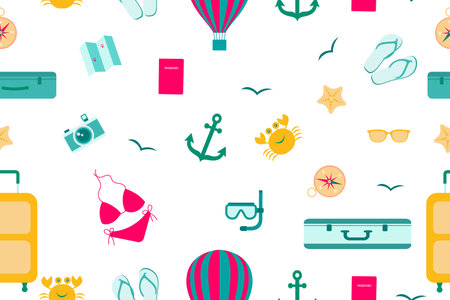 Summer seamless pattern. Accessories for sea holidays. Suitable for printing, textiles, backgrounds,...