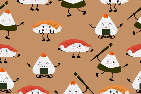 Seamless pattern of sushi and onigiri. Diverse Asian cuisine with kawaii emotions. Vector illustration in cartoon style. Vectorのイラスト素材