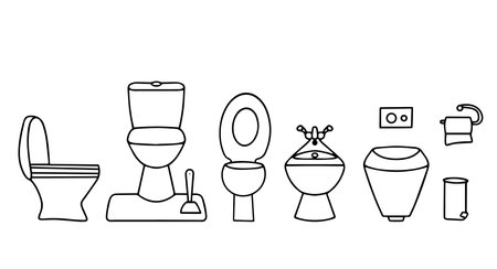 A set of toilet bowls.Toilet kit line icon, highlighted on a white background, toilet bowl. Vectorのイラスト素材