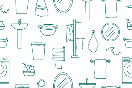 Seamless pattern of bathroom icons in vector black color. Bathroom accessories. Vectorのイラスト素材
