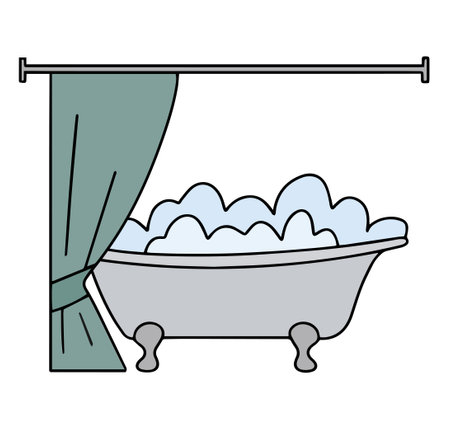 Cute hand drawn water bath. Faucet, shower, bath curtain. Doodle vector illustration for home interior. Isolated on white background. . Vector illustrationのイラスト素材