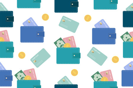 Credit seamless pattern. A repeating design element for printing on fabric. Wallet, card and cash. Cartoon flat vector illustration. Vectorのイラスト素材