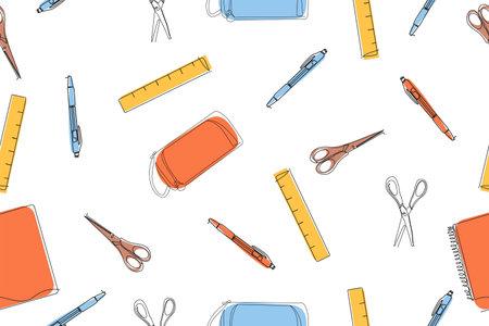 Background with school supplies. Seamless pattern back to school. Vector.のイラスト素材