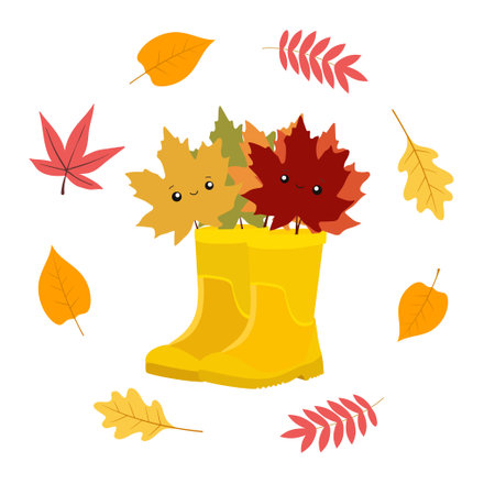 Yellow tall clear rubber boots with maple leaves in kawaii style. Gardening, autumn. Autumn banner. Vector illustrationのイラスト素材