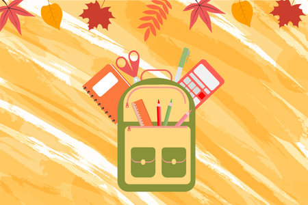 Background of bright autumn leaves, school books and back to school lettering. Vector illustration of autumn backgroundのイラスト素材