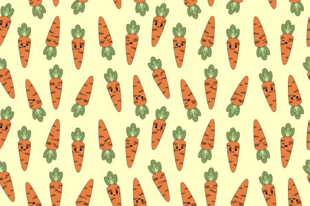 Vector seamless pattern of cartoon hand drawn doodle carrot with kawaii face isolated on white background. Vectorのイラスト素材