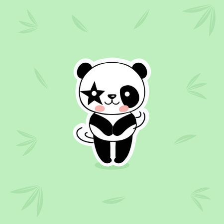 Panda on a green background with bamboo leaves. Tropical animal and leaves. Vectorのイラスト素材