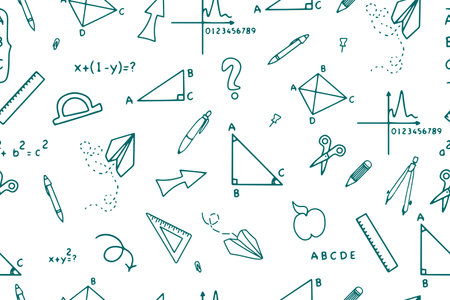 Back to school doodles seamless pattern with school supplies. Vector illustrations in Hand-drawn doodles style. Rulers, triangles, school supplies. Vector illustrationのイラスト素材