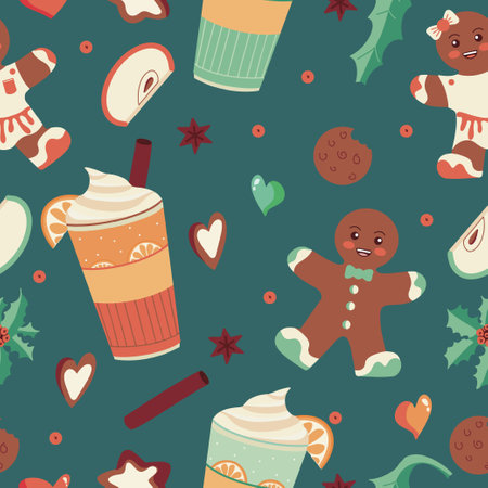 Seamless ornament with winter treats - gingerbread, warming drinks, spices. Hand drawn Christmas and New Year elements for designer wrapping paper. Vectorのイラスト素材