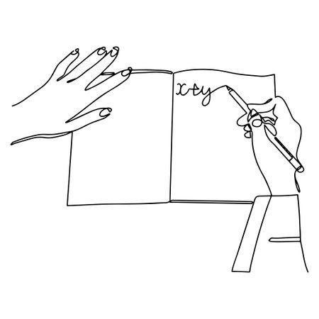 A man writes in an empty notebook with a pen. Close-up of a hand writing on a notepad. One line vector illustration. Vectorのイラスト素材