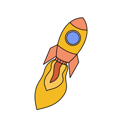 Outline rocket ship with fire. Isolated on white. Flat line icon. Vector illustration with flying rocket. Space travel. Project start up sign. Creative idea symbol. Black and white. Vector illustrationのイラスト素材