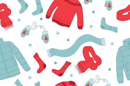 Seamless pattern with warm elements. Scarf, hat, mitten. Hand drawn doodle. Vector illustration. Vector illustrationのイラスト素材