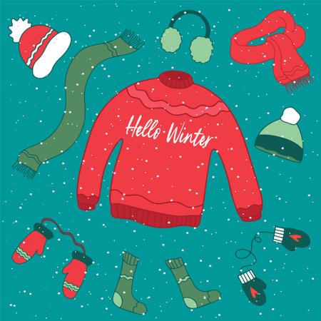 Hello winter. Set of winter clothing icons. Vector doodle illustration. Doodle autumn winter clothes. Vectorのイラスト素材