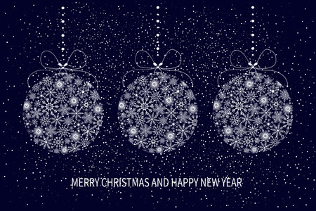 Festive Christmas card with Christmas balls made of snowflakes. Merry Christmas and Happy New Year greeting cardのイラスト素材