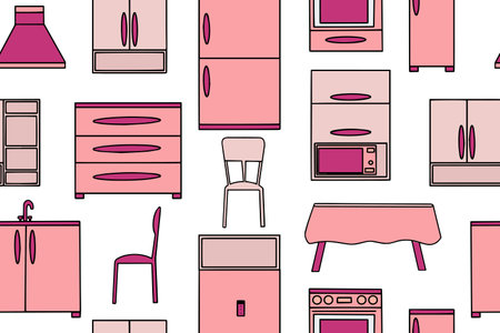 Seamless pattern of pink and kitchen elements. Pink toy kitchen design. Vector illustration.のイラスト素材