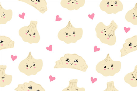 Dumplings, dumplings, dumplings, dumplings. Seamless pattern. Dumplings background. Vector illustration. Vector illustrationのイラスト素材