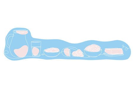 Dairy products in continuous line drawing style. Milk, sour cream, cottage cheese, cheese, butter black linear sketch isolated on a white background. Vectorのイラスト素材