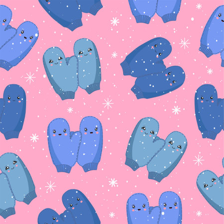 Knitted warm mittens seamless pattern. Winter accessories, gloves. Cozy season. Celebrating Christmas, New Year. Christmas pattern for wrapping paper, New Year's fabrics and lines, holiday accessories and children's clothing printing. Vector illustrationのイラスト素材