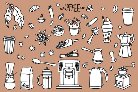 Cute doodle cartoon cafe icons. Set of hand drawn coffee designs: drinks, snacks and coffee utensils. Vector outline hand drawn coffee and bakery for cafe menu. Vectorのイラスト素材