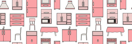 Seamless pattern of pink and kitchen elements. Pink toy kitchen design. Vector illustration.のイラスト素材