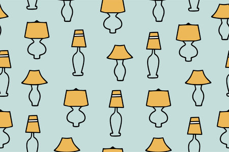 Seamless pattern of lighting fixtures for home decor. Decorative table lamp. Lighting for interior design. Vector illustrationのイラスト素材