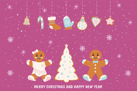 Merry Christmas and New Year 2024 greeting card. Christmas card with wishes and a composition of festive elements and gingerbread. Vectorのイラスト素材