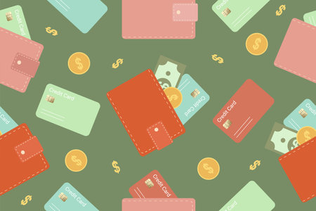 Seamless pattern, background of multicolored wallet icons. Leather wallet with credit cards. Vector illustration isolated on green background. Vectorのイラスト素材