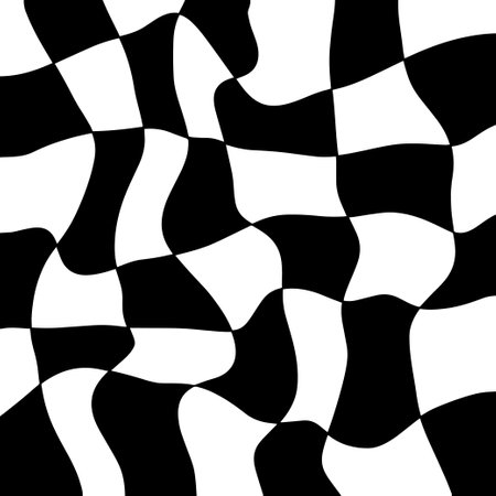 Checkerboard background in black and white colors, retro groovy wavy psychedelic checkerboard pattern. Vector illustrationのイラスト素材