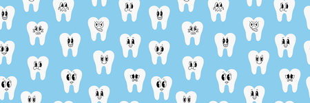 Seamless pattern with cute teeth. White teeth in kawaii style. Dental cute background. Illustration for a pediatric dentist's office, pediatric dentistry. Vector. Vector illustrationのイラスト素材