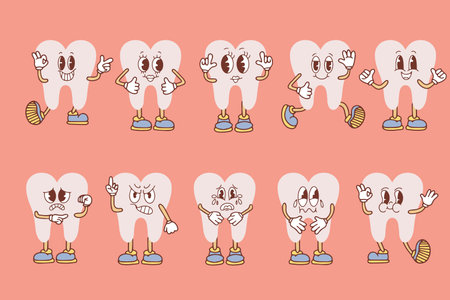 Set of groovy tooth cartoon characters. Funny healthy white molars with happy and sad faces, retro...