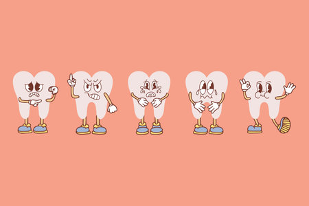 Set of groovy tooth cartoon characters. Funny healthy white molars with happy and sad faces, retro...