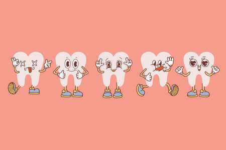 Set of groovy tooth cartoon characters. Funny healthy white molars with happy and sad faces, retro cartoon teeth mascot, dentistry and dental care sticker. Vectorのイラスト素材