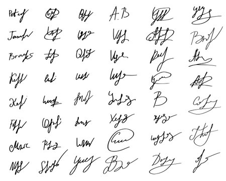 Set of handwritten signatures. Fake signatures for a business contract. Handwritten autograph set. Personal fictional signature calligraphy inscription. Write an imaginary document name. Vector illustrationのイラスト素材