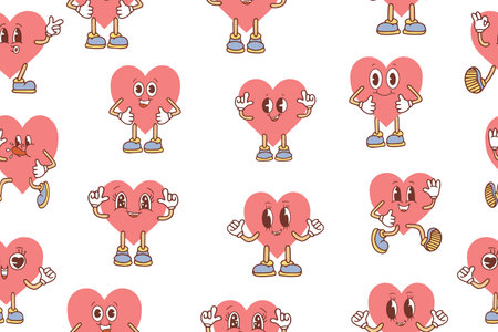 Vector pattern with cute cartoon pink hearts.Seamless pattern for Valentine's Day. Trendy retro cartoon heart characters seamless pattern. Groovy style, vintage, 70s 60s aesthetics. Vector. Vector illustrationのイラスト素材