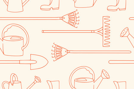 Gardening hand drawn seamless pattern, doodle ornament of gardening tools icons, vector illustration of shovel, watering can. Vectorのイラスト素材