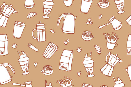 Seamless pattern of coffee time doodle. Teapots, cups, turk and sweets in doodle style. Vectorのイラスト素材